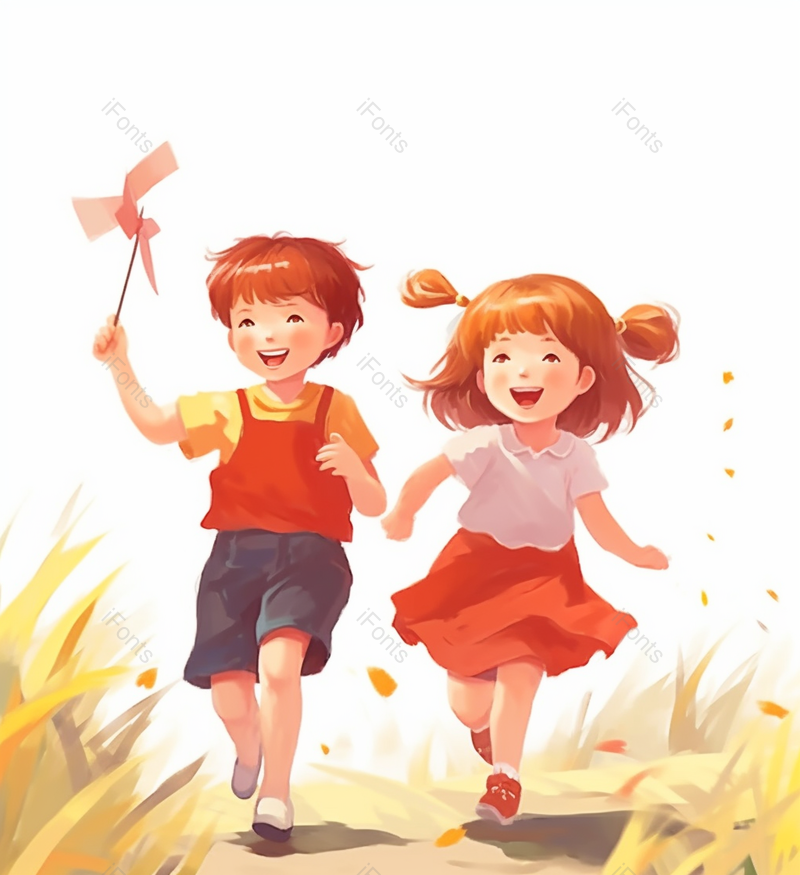 秋季黄色草丛白色背景儿童兄妹同学朋友小朋友孩子风车两人插画,插画/手绘图,插画/手绘图库,插画/手绘图下载,插画/手绘